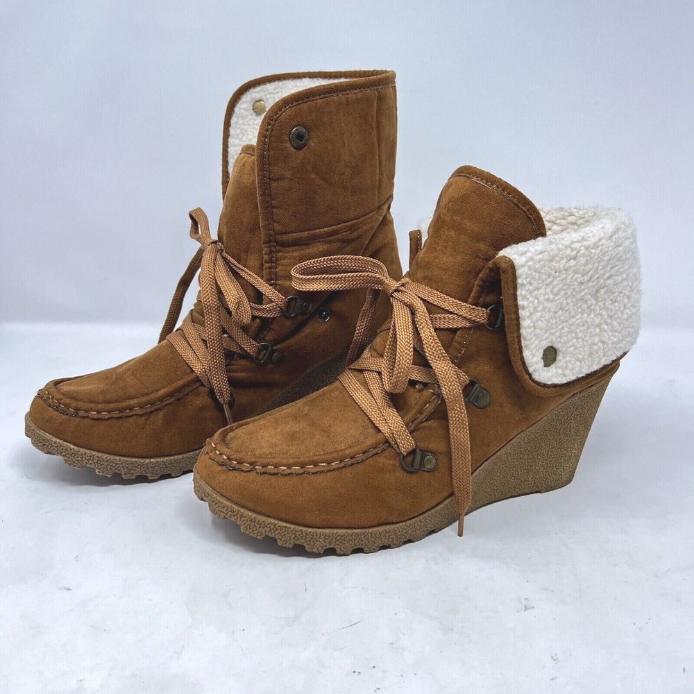 Union Bay 90s Y2K Wedge Boots Chukka Rollover Faux Suede / Fur Brown Sz 9-9.5??
